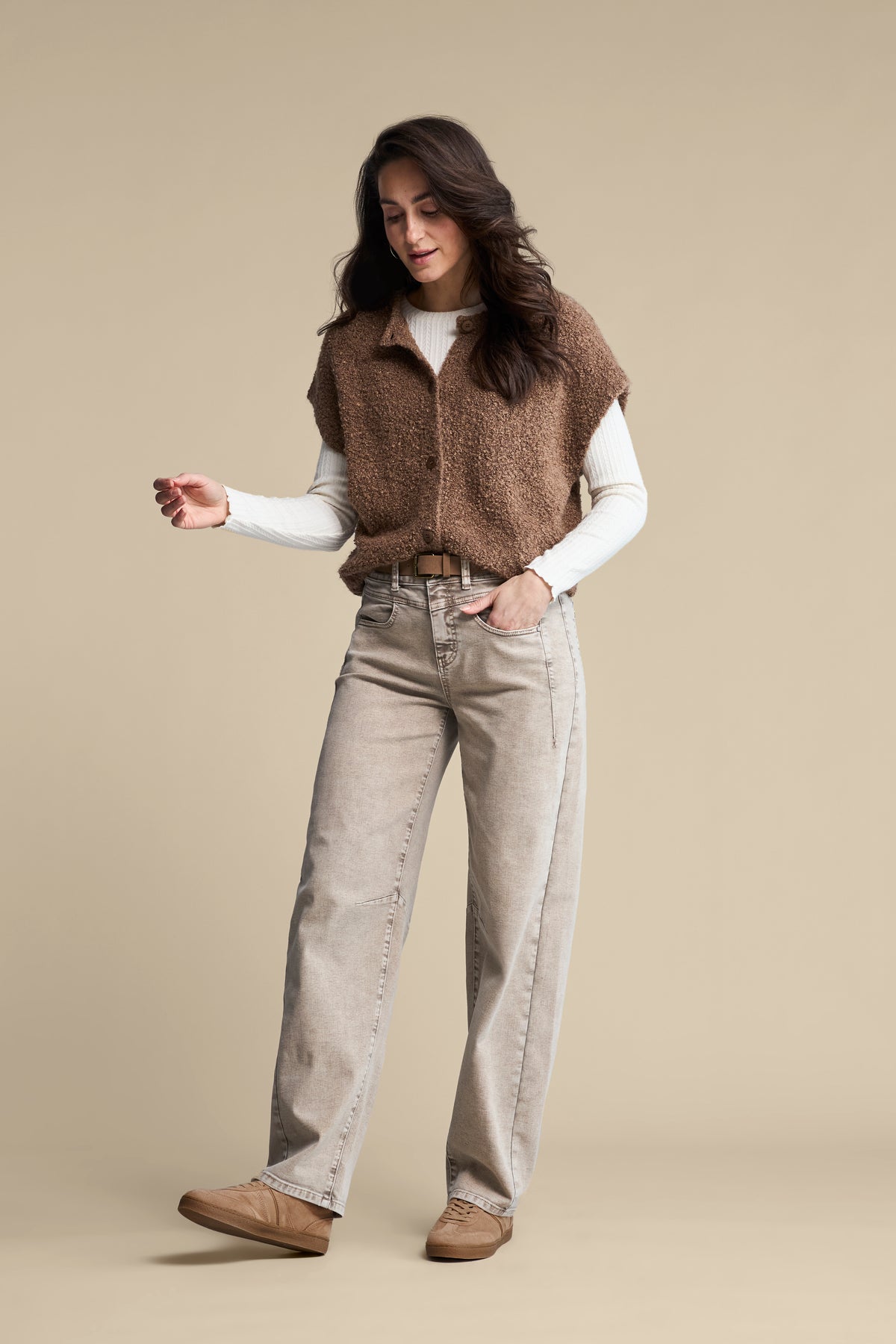 Red Button Sleeveless Bouclé Knit in Mud