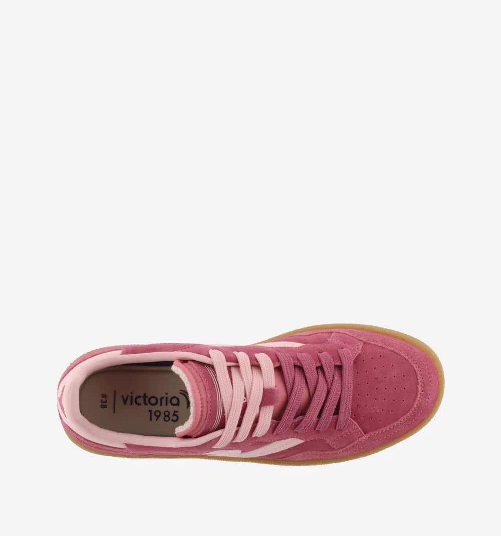 Victoria Shoes Smash Suede trainers in fuchsia with velour-finish suede panels and caramel rubber sole