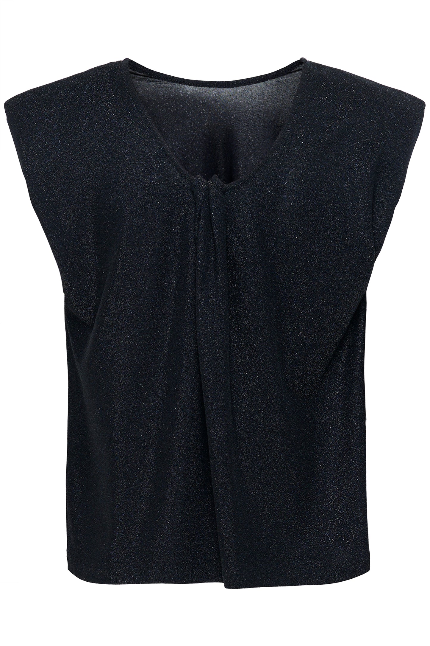 A black tank top with a  sleeveless design, made from a blend of polyamide, metallic, and elastane.