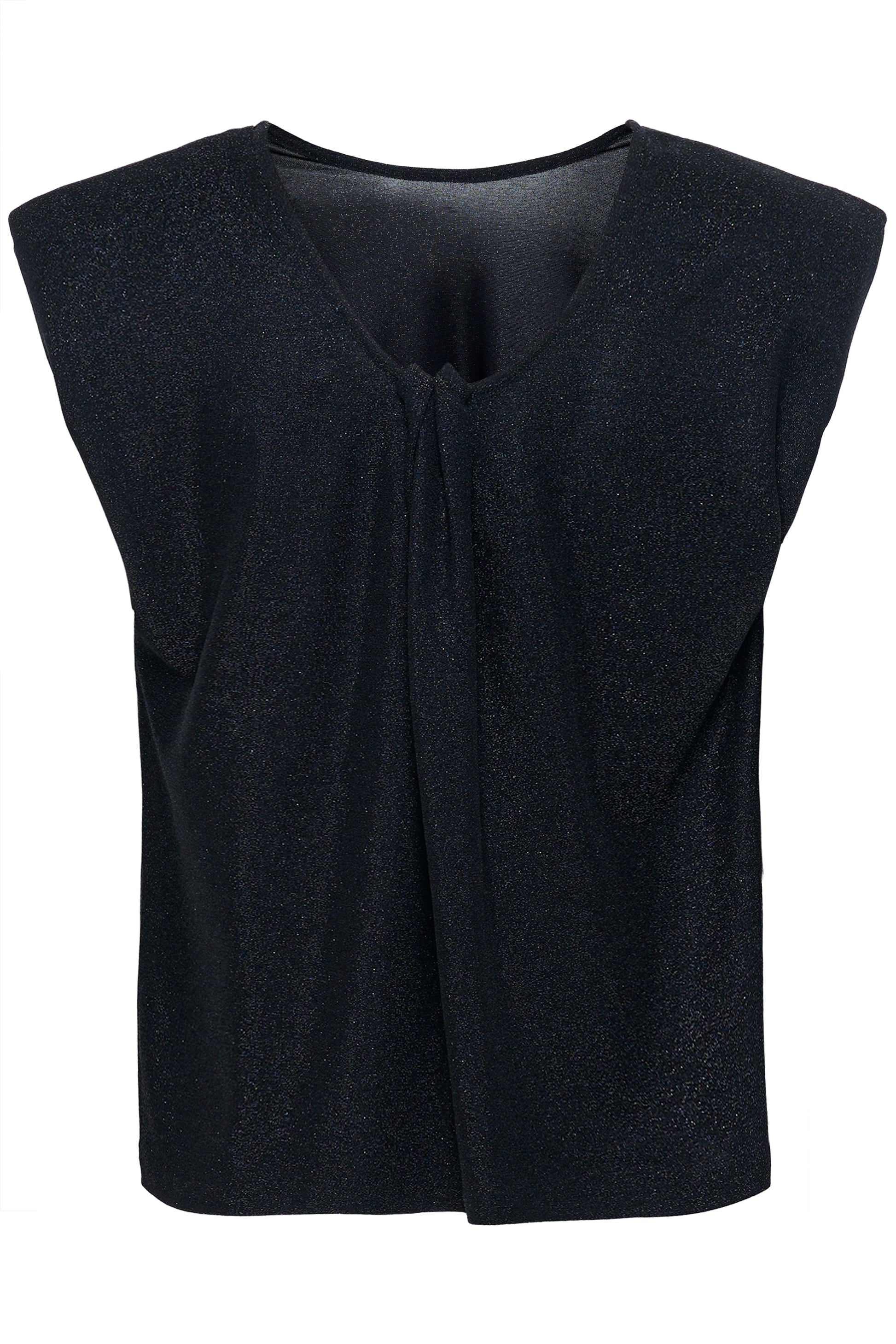 A black tank top with a  sleeveless design, made from a blend of polyamide, metallic, and elastane.