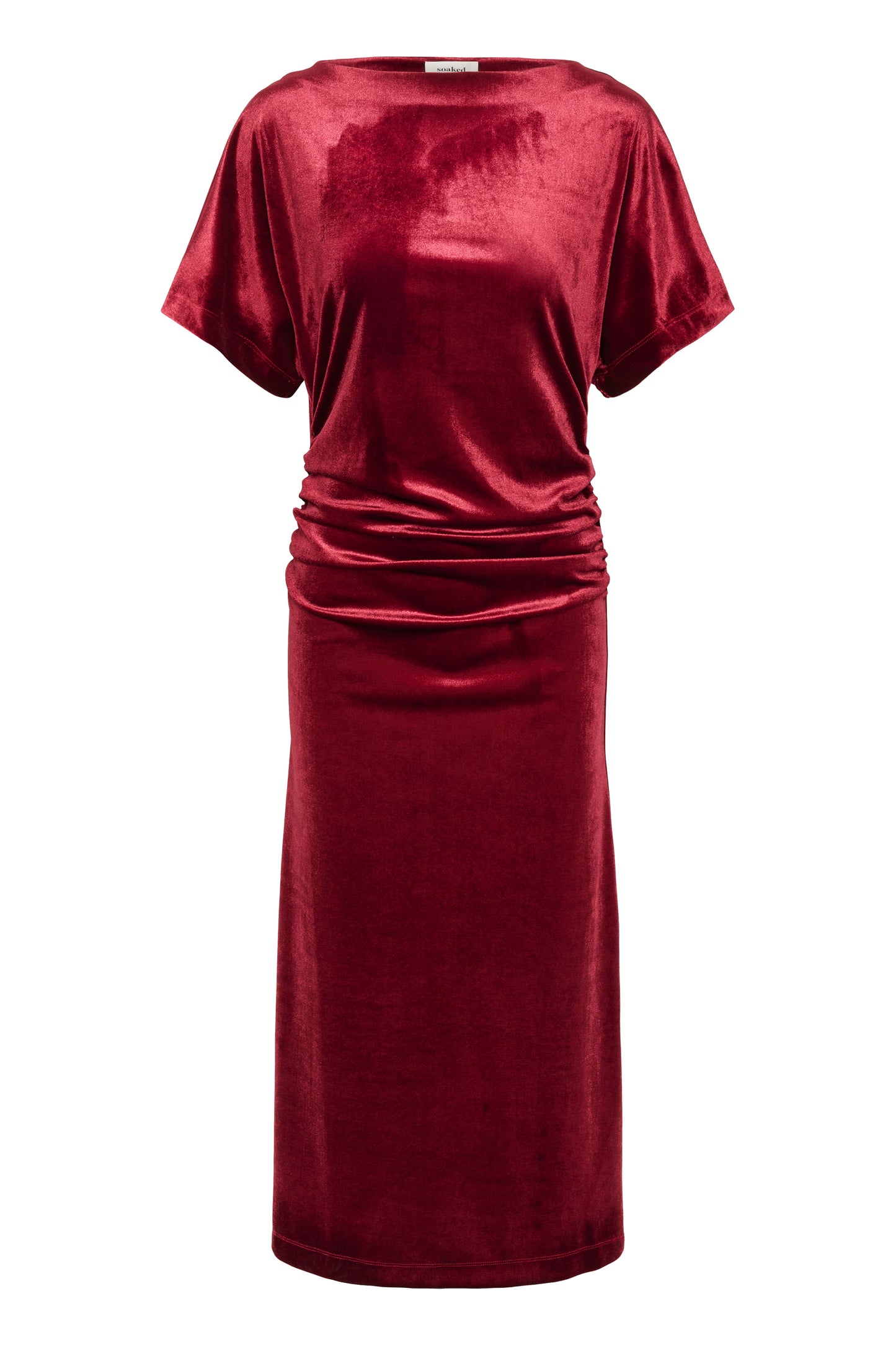 Soaked in Luxury Velvet Velera dress in a burgundy colour with short sleeves and ruched front