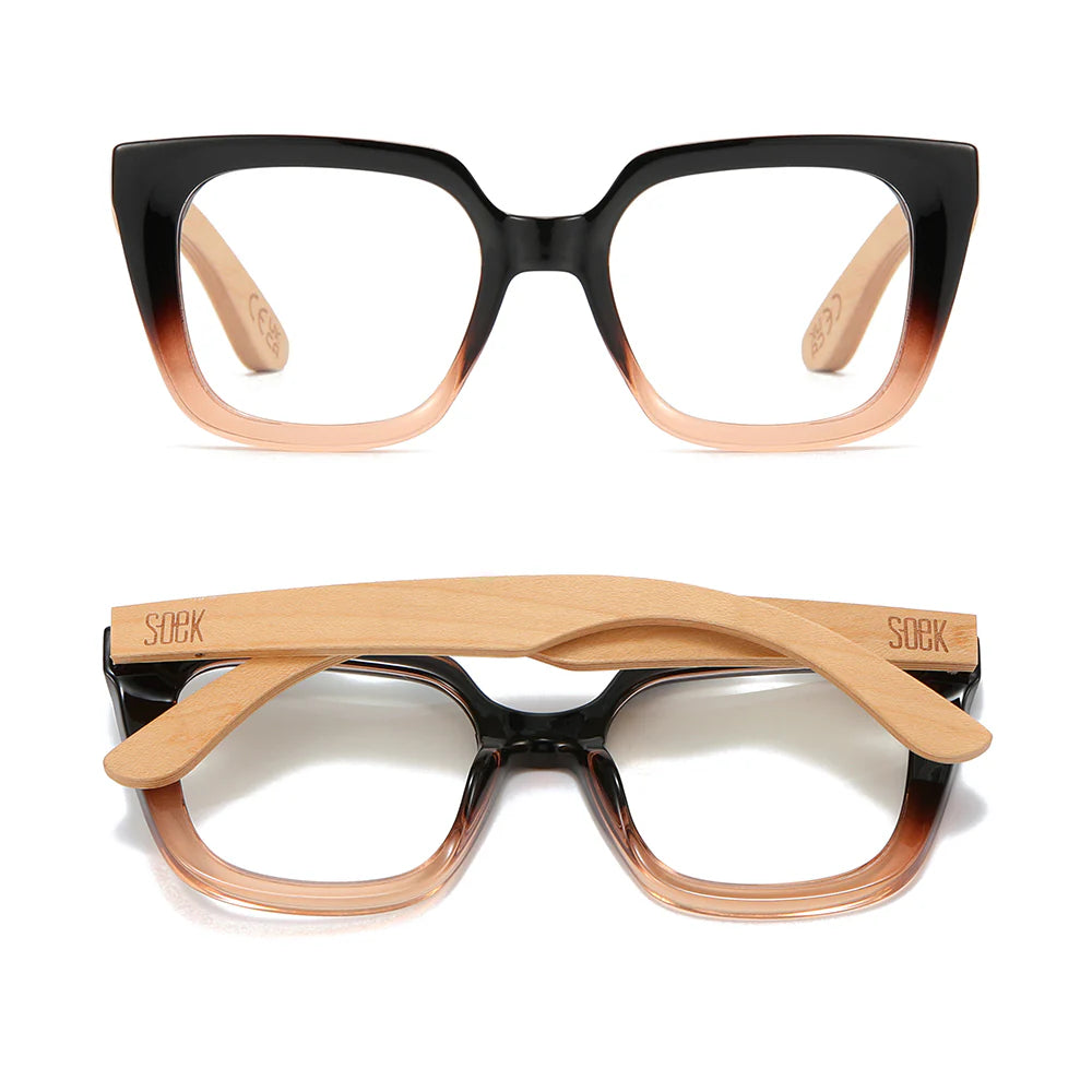 SOEK Soluna ombre square blue light blocking magnifying reader glasses with white maple wooden arms