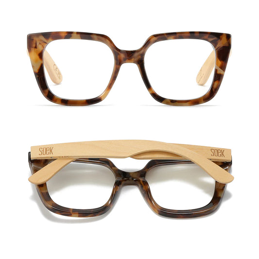 SOEK Soluna mocha tort square magnifying reader glasses with white maple wooden arms and eco friendly recycled plastic frame