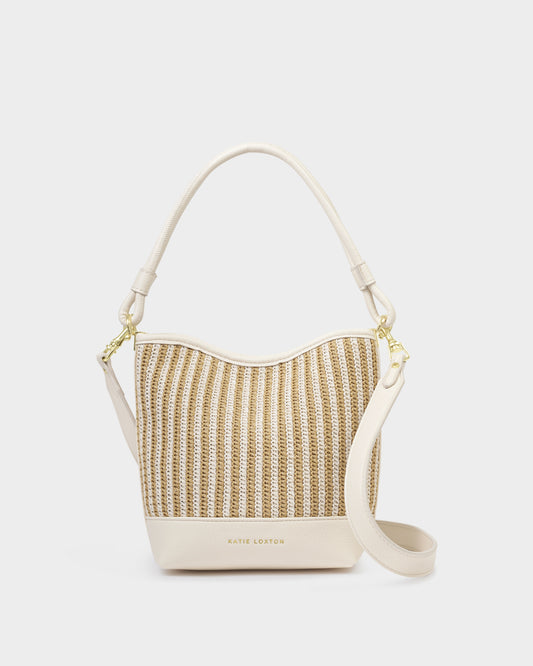 SOrrento Bucket bag in striped raffia and off white trim