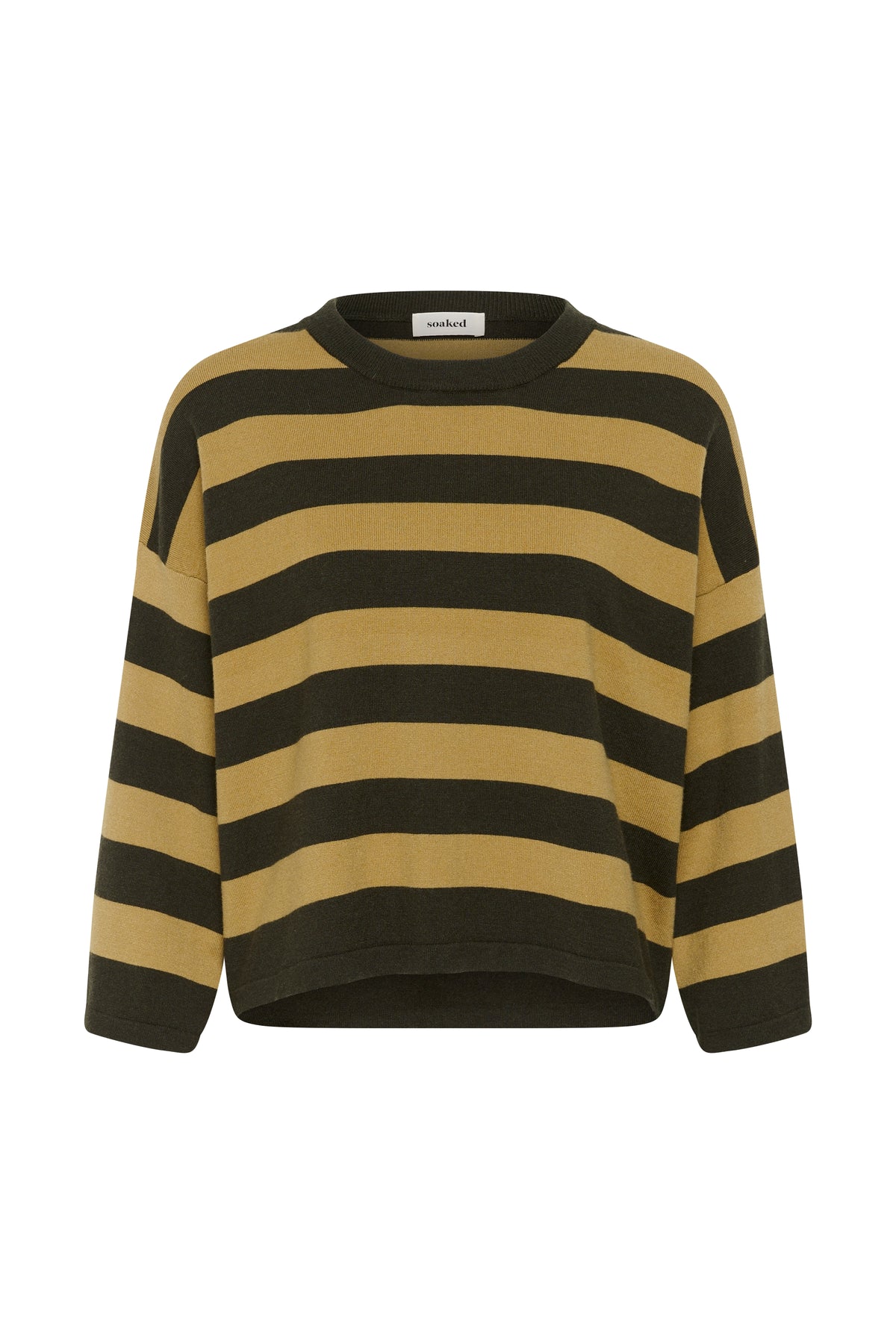 Soaked in Luxury Spina Boxy Pullover Cropped in Rosin and Fennel with bold green and warm mustard stripes