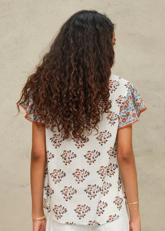 MABE Stella print top with rust and blue bohemian print