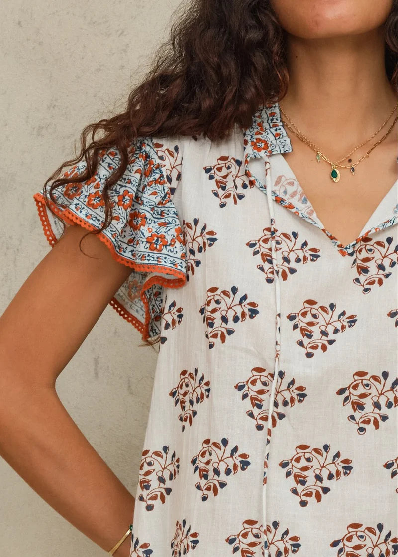 MABE Stella print top with rust and blue bohemian print
