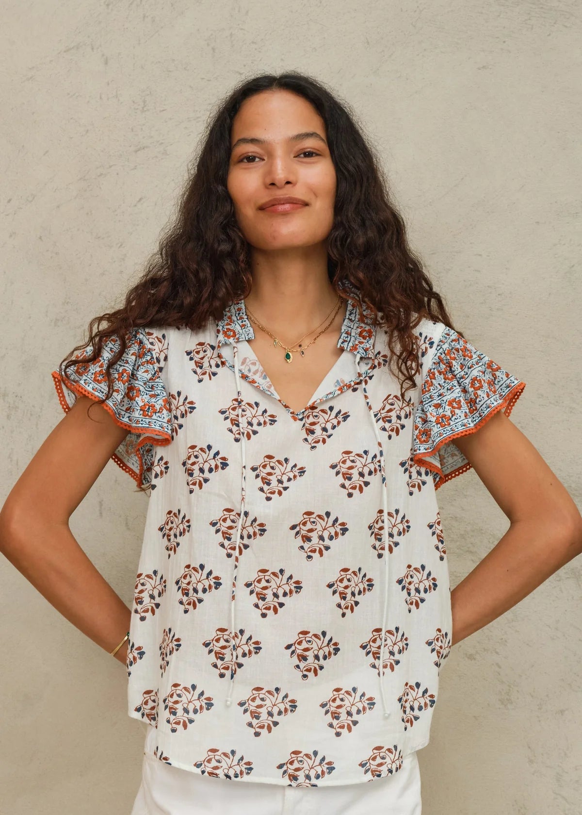 MABE Stella print top with rust and blue bohemian print