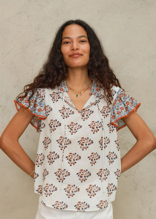 MABE Stella print top with rust and blue bohemian print