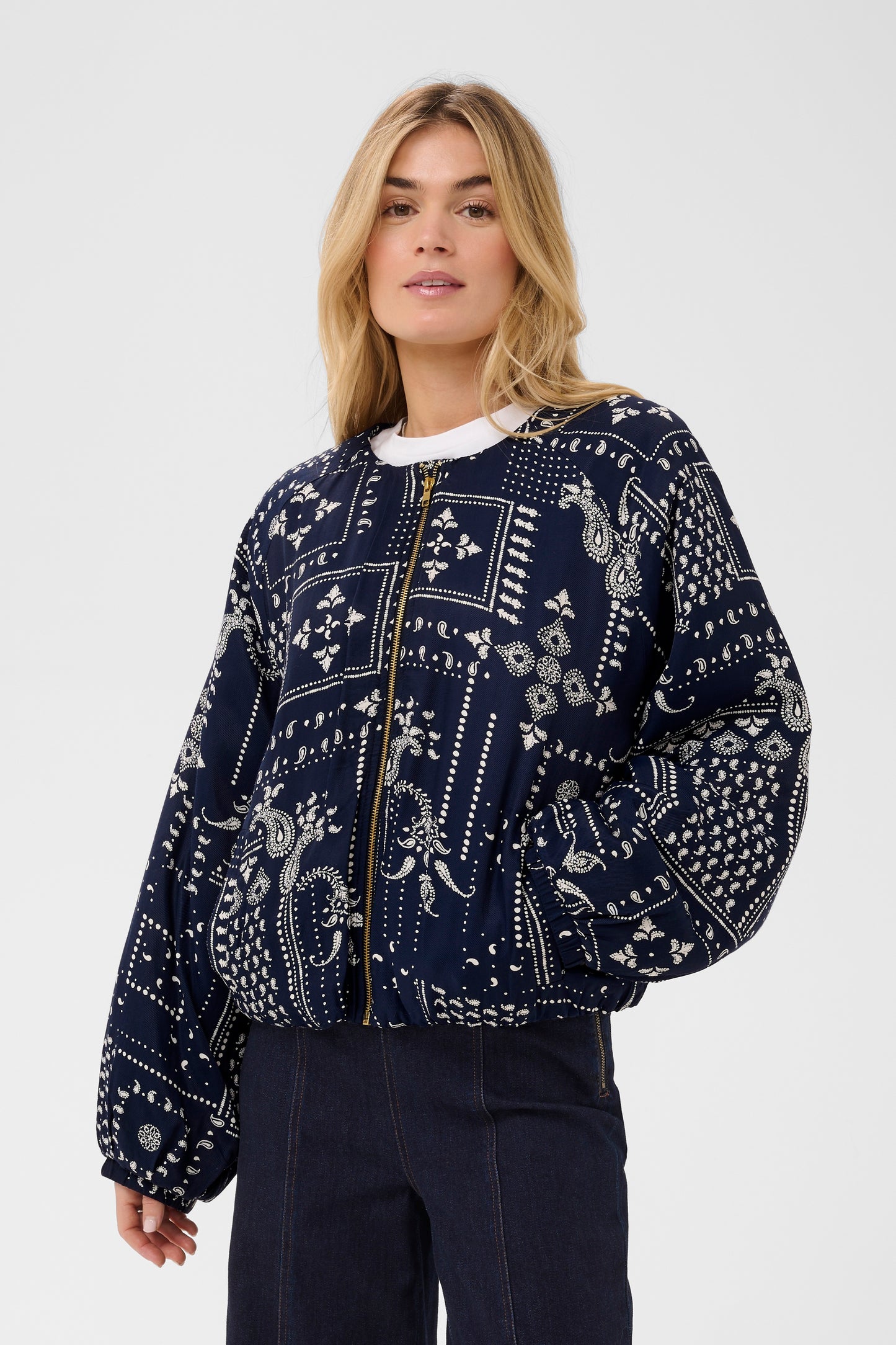 Saint Tropez Stephanie blue bomber jacket with white paisley pattern