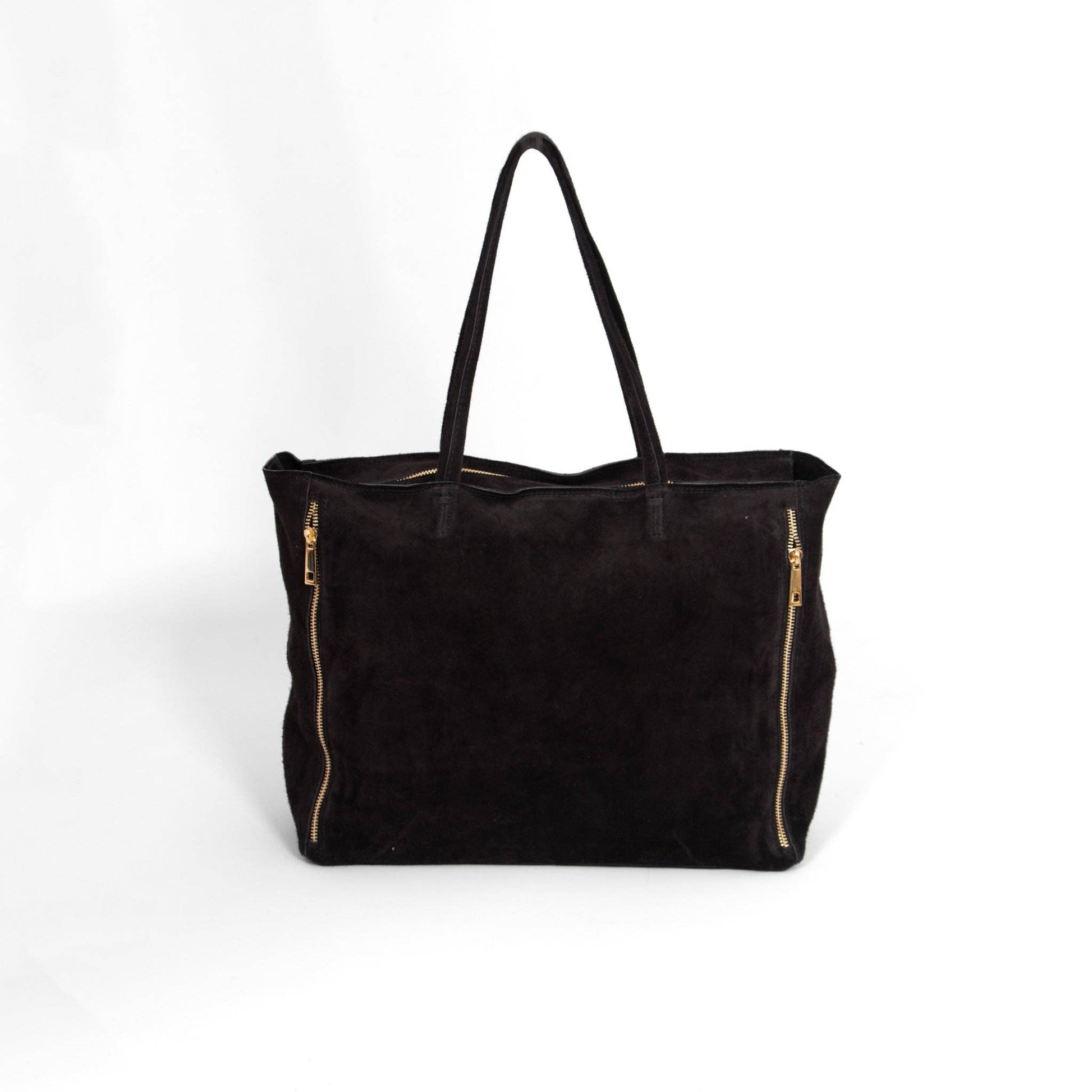 Italian Black Suede Tote Bag – Gold Zip Detail - Default Title