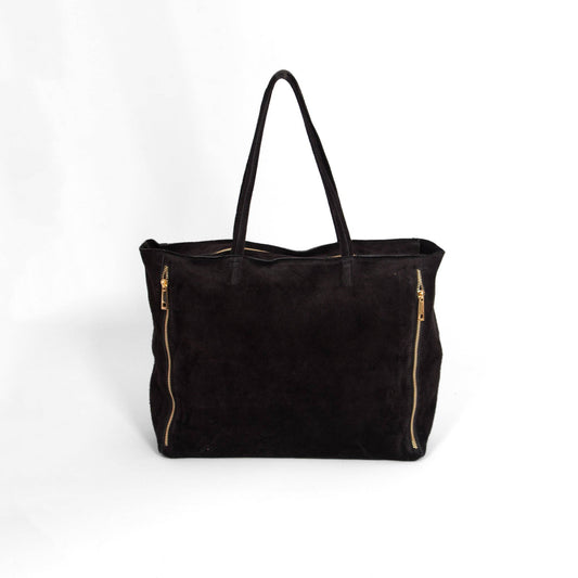 Italian Black Suede Tote Bag – Gold Zip Detail - Default Title