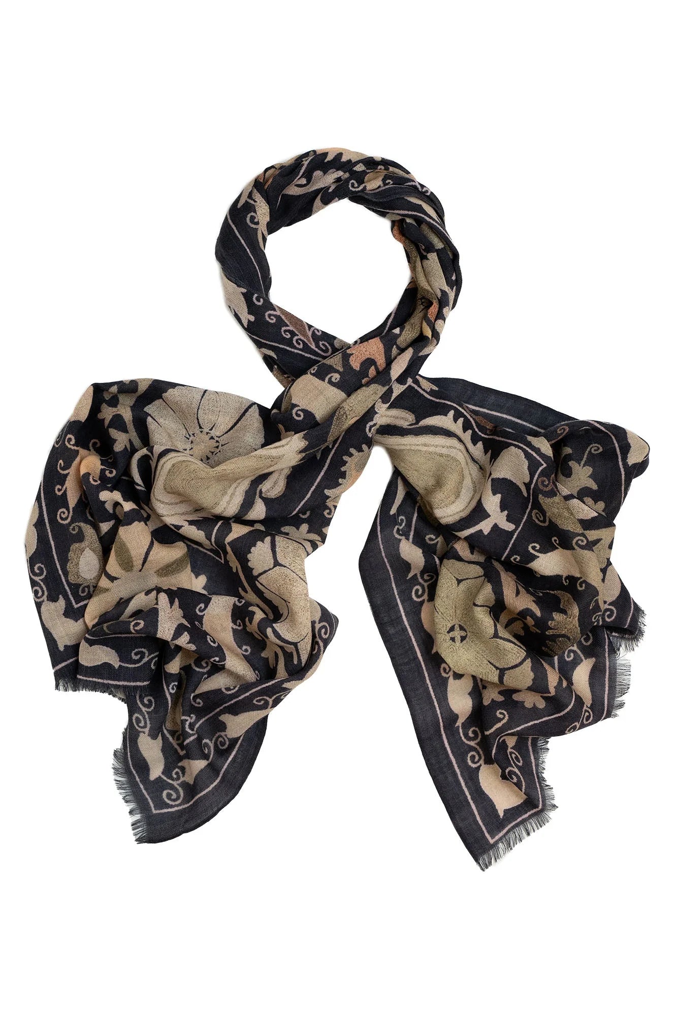 One Hundred Stars Wool Scarf wth a grey background and a susani print in lighter colour.