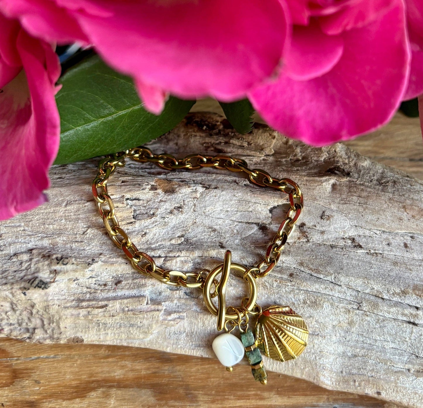 Ocean Ripples 18ct gold plated T-bar bracelet with shell, and bead charms