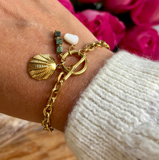 Ocean Ripples 18ct gold plated T-bar bracelet with shell, freshwater pearl and bead charms