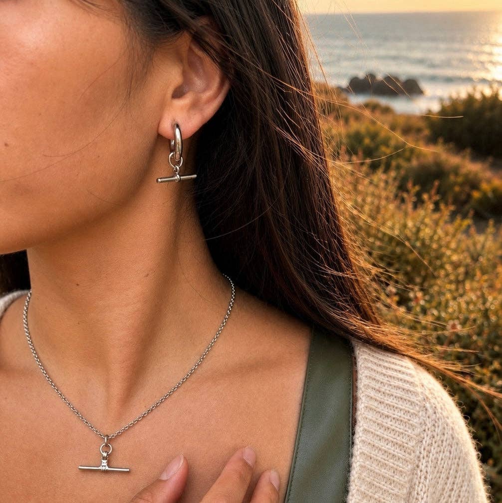 Ocean Ripples Rhodium Plated T-Bar Huggie Earrings