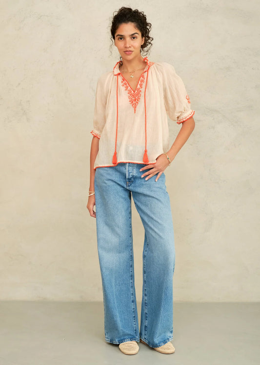 M.A.B.E Talia beige top with orange Embroidery 