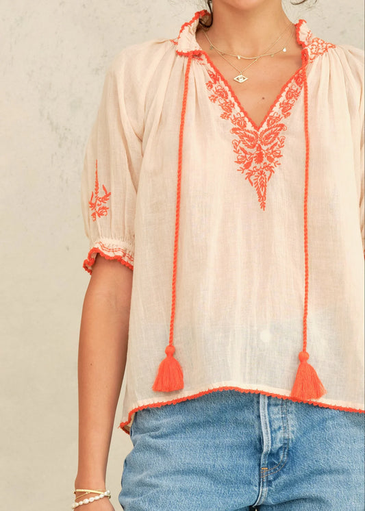 M.A.B.E Talia beige top with orange Embroidery 