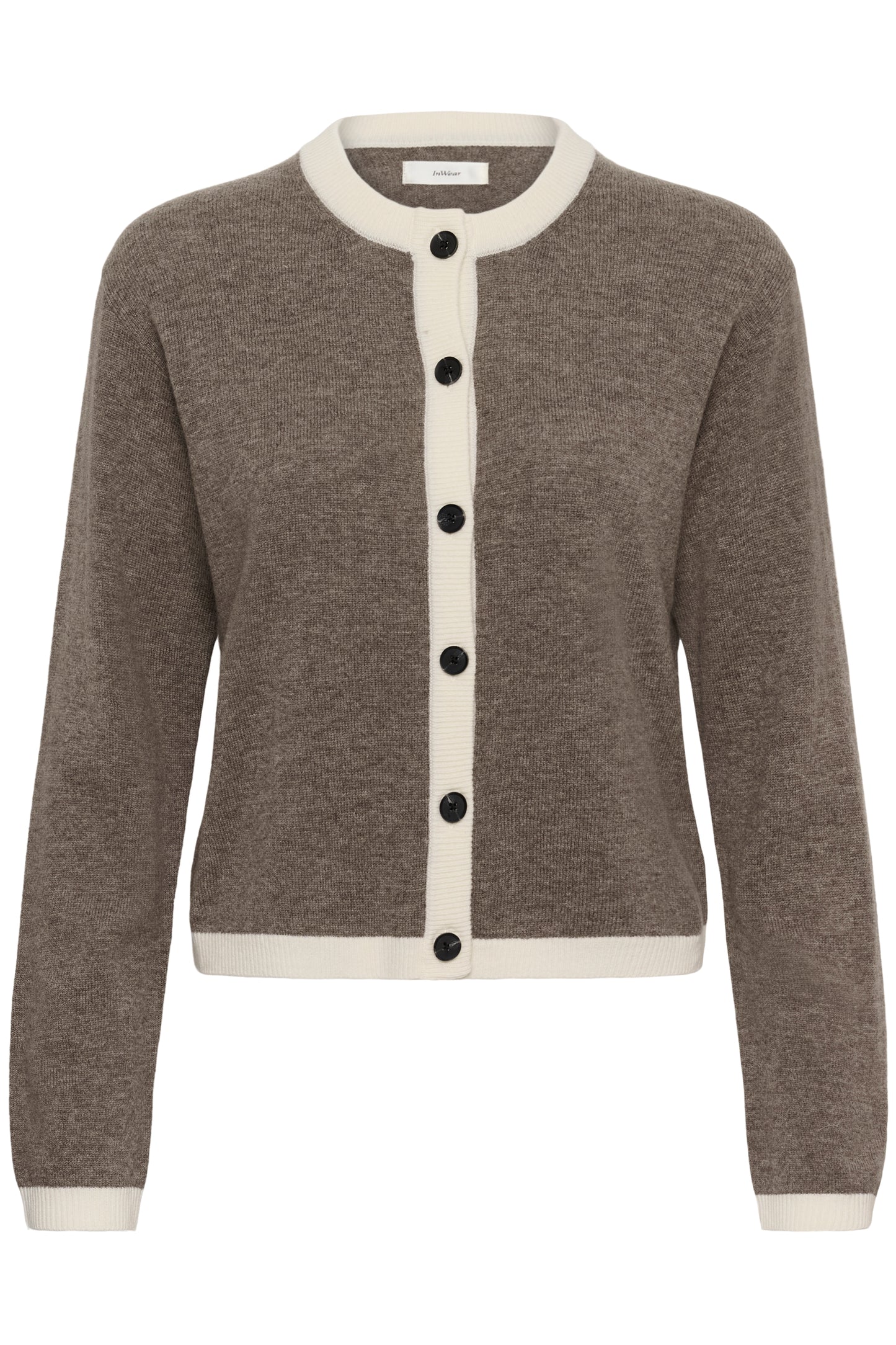 Inwear Tally wool and cashmere cardigan in brown with contrasting cream edging