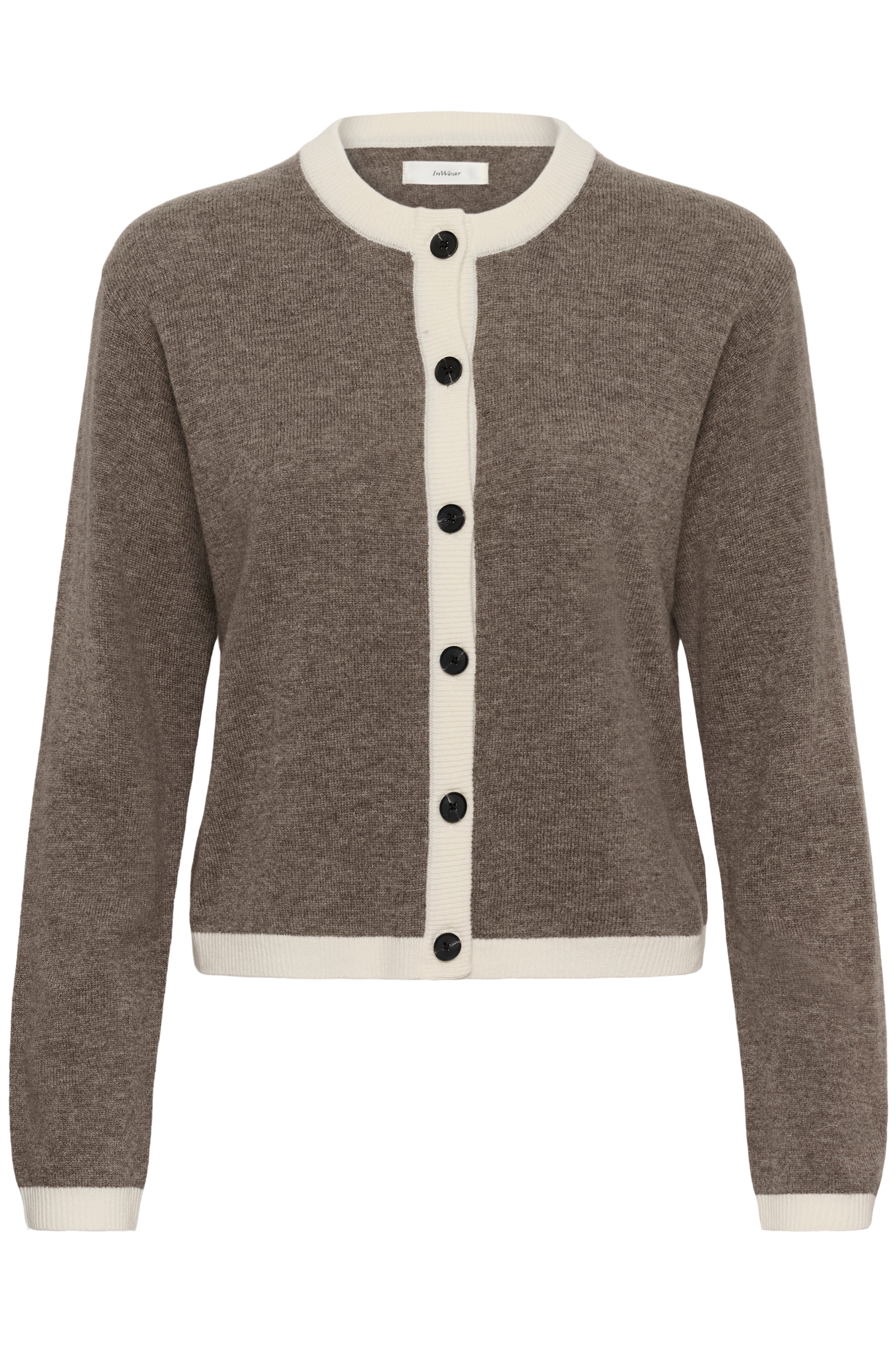 Inwear Tally wool and cashmere cardigan in brown with contrasting cream edging