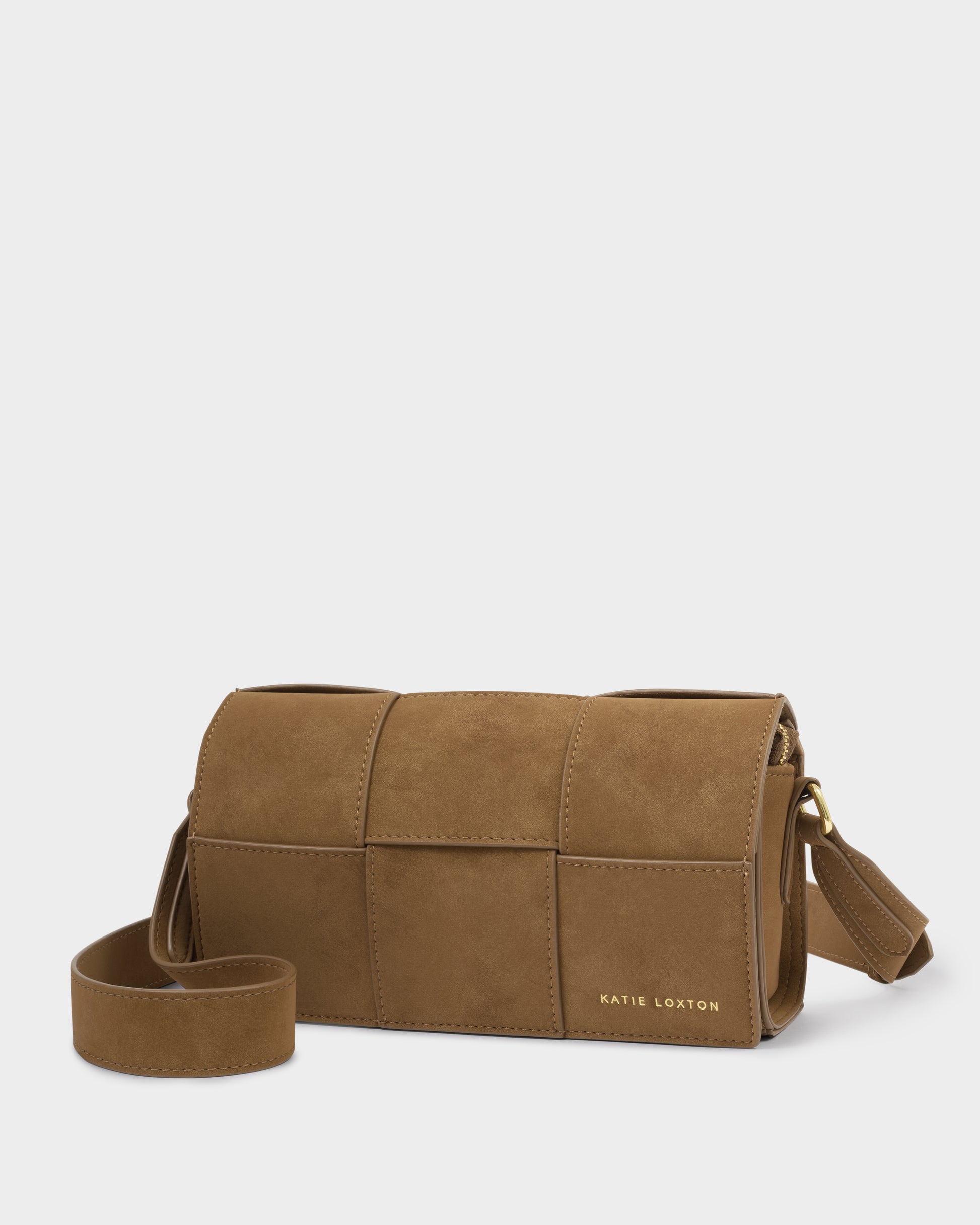 Taya Caramel crossbody bag with a strap on a light gray background 