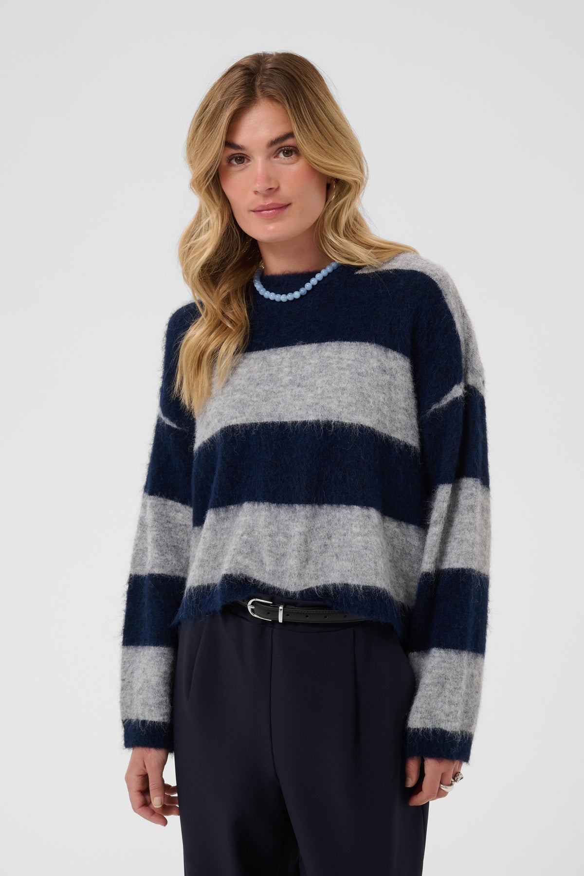 Saint Tropez Tayzie Pullover in Navy Grey Melange with soft fluffy striped knit and relaxed fit