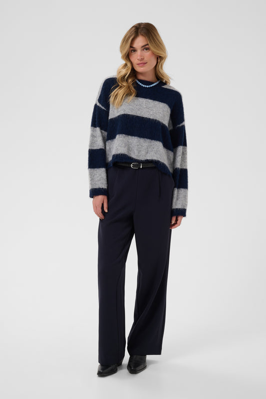 Saint Tropez Tayzie Pullover in Navy Grey Melange with soft fluffy striped knit and relaxed fit