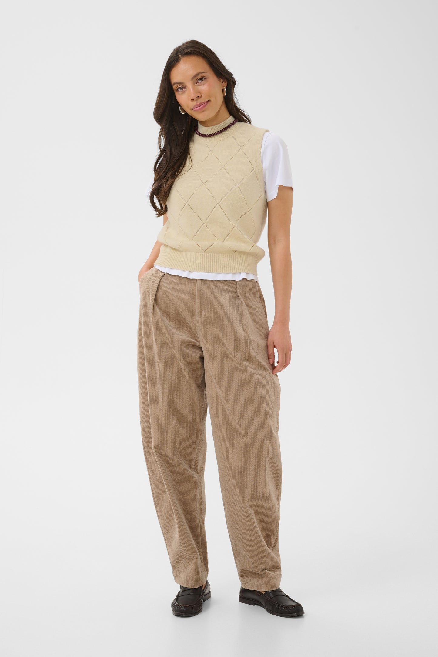 Saint Tropez Theresa Vest in Frozen Dew cream with subtle diamond knit pattern and sleeveless design