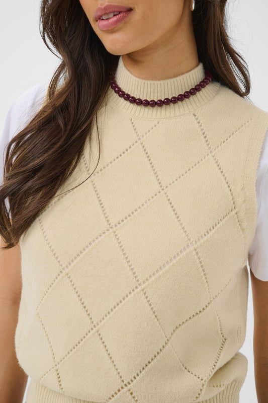 Saint Tropez Theresa Vest in Frozen Dew cream with subtle diamond knit pattern and sleeveless design