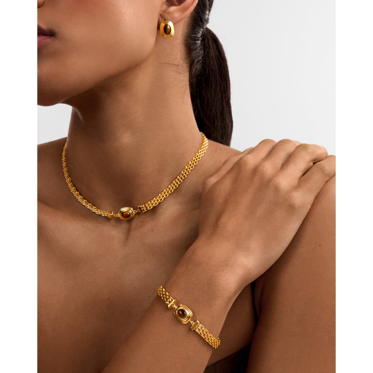 Katie Loxton Tiger's Eye Waterproof Gold Button Bracelet