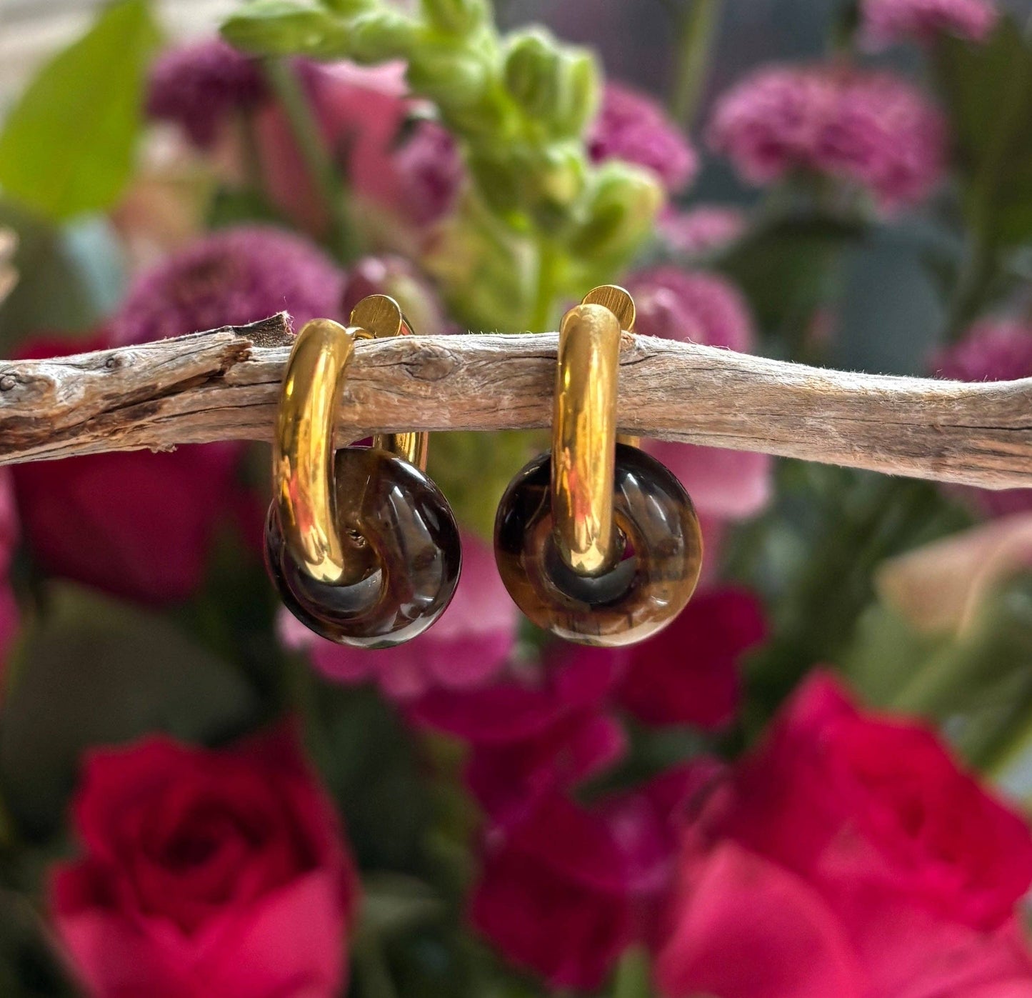 Tigers eye doughnut huggie earrings.