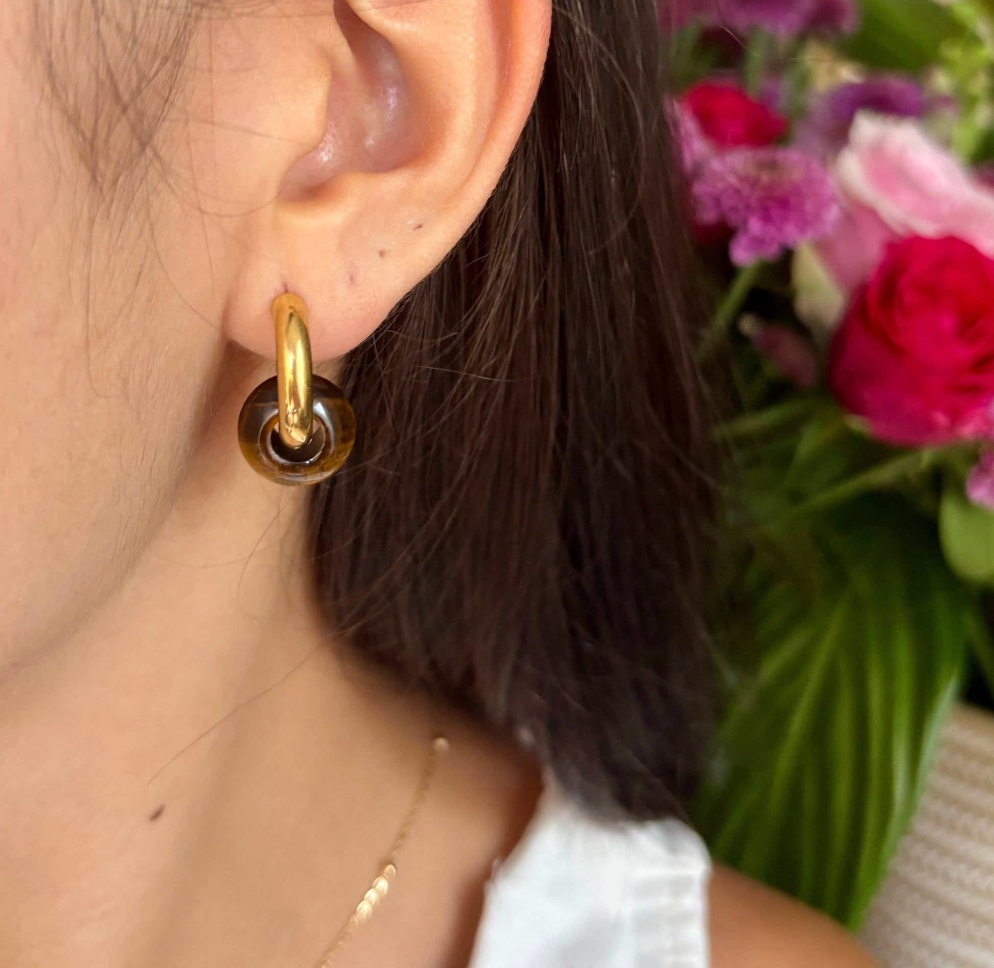 Tigers eye doughnut huggie earrings.
