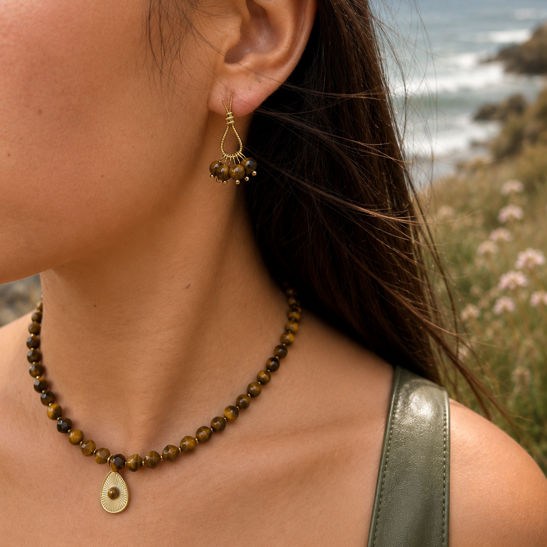 Ocean Ripples 18ct Gold Plated Tiger's Eye Beaded Teardrop Pendant Necklace