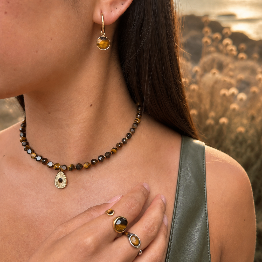 Ocean Ripples 18ct Gold Plated Tiger's Eye Beaded Teardrop Pendant Necklace