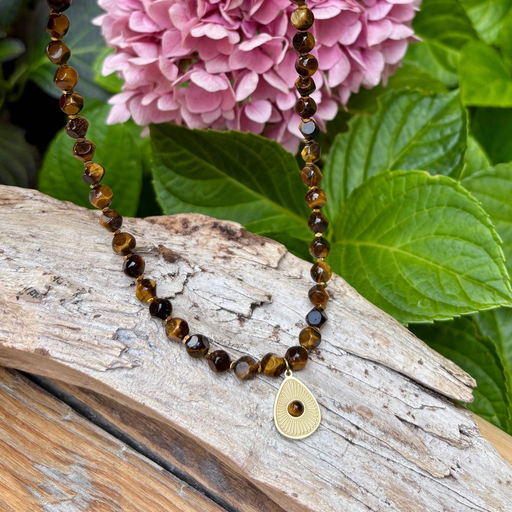 Ocean Ripples 18ct Gold Plated Tiger's Eye Beaded Teardrop Pendant Necklace