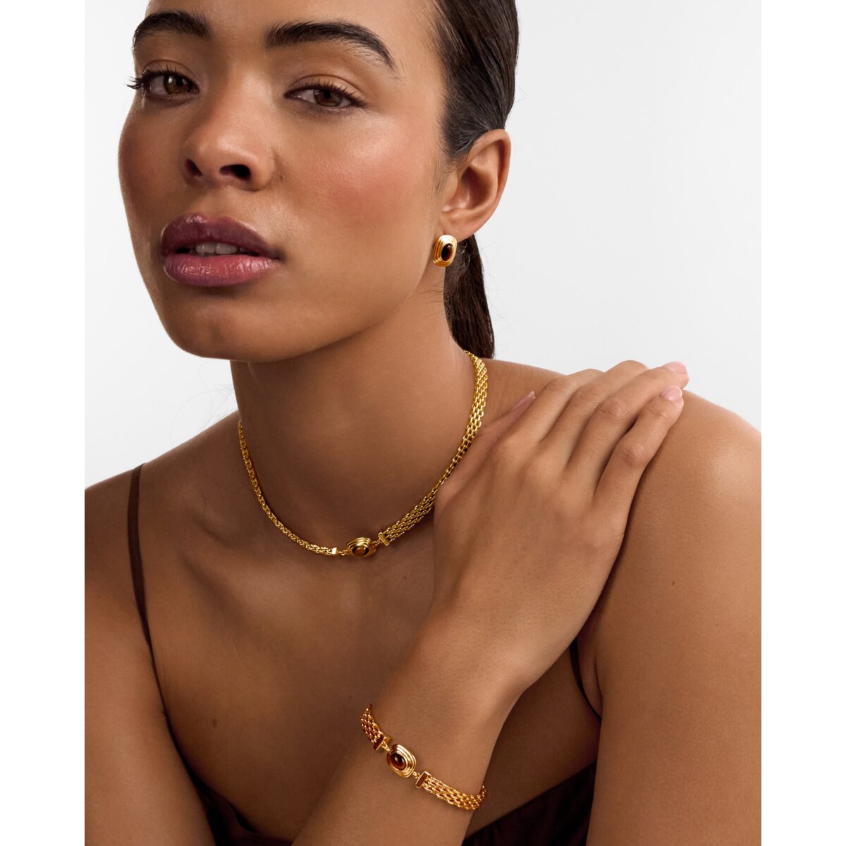Katie Loxton Tiger's Eye Button Waterproof Gold Necklace