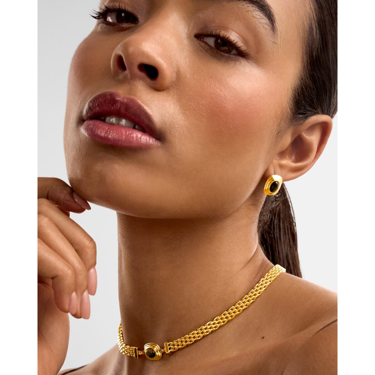 Katie Loxton Tiger's Eye Waterproof Gold Button Stud Earrings