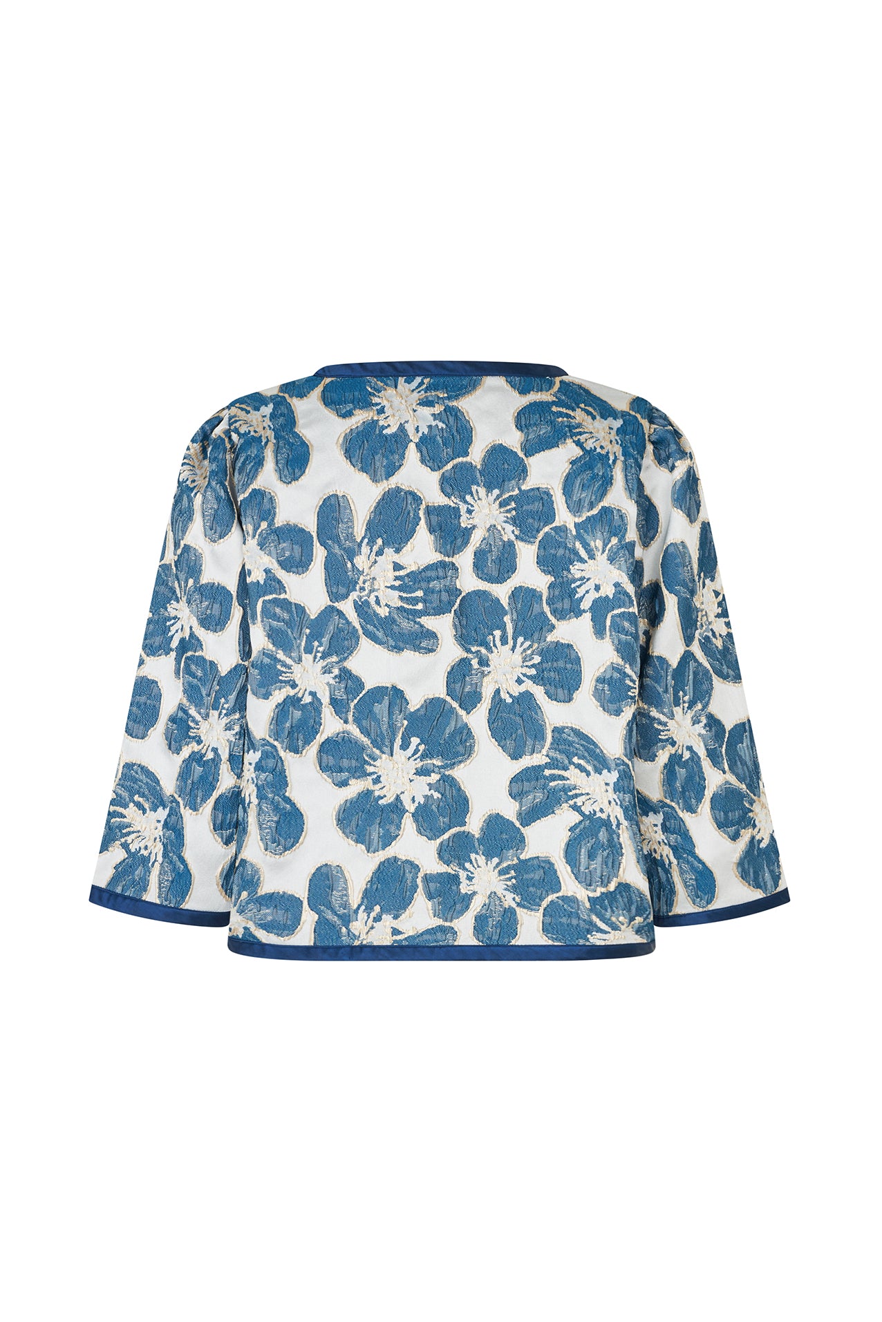 Trine feminine jacket featuring a woven floral design in blue, elegant tie-front fastening and wide sleeves.