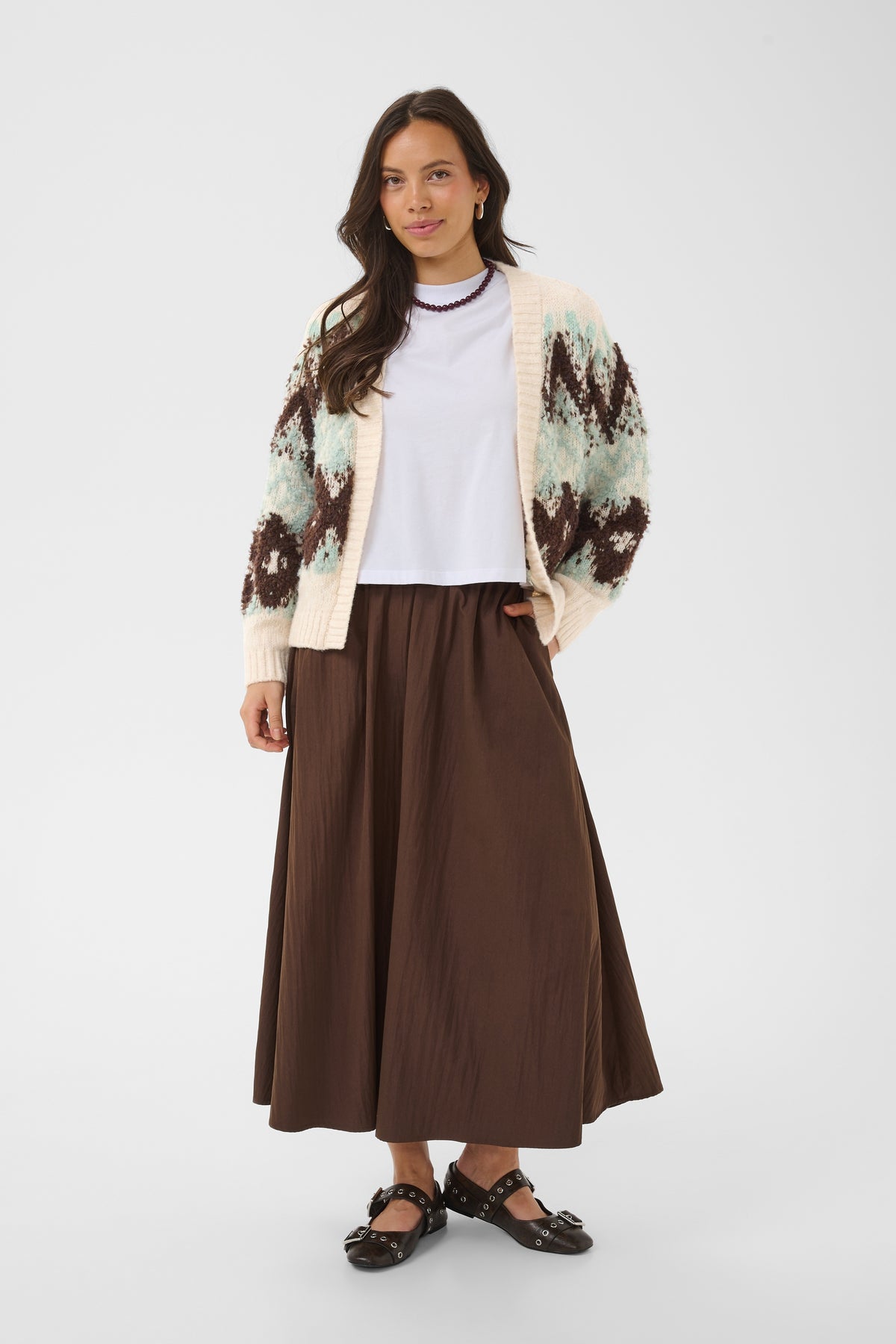 Saint Tropez Tuska Cardigan in Ice with fluffy Fair Isle-inspired knit in chocolate brown and soft aqua