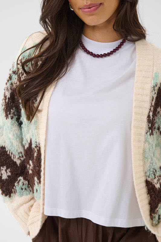 Saint Tropez Tuska Cardigan in Ice with fluffy Fair Isle-inspired knit in chocolate brown and soft aqua
