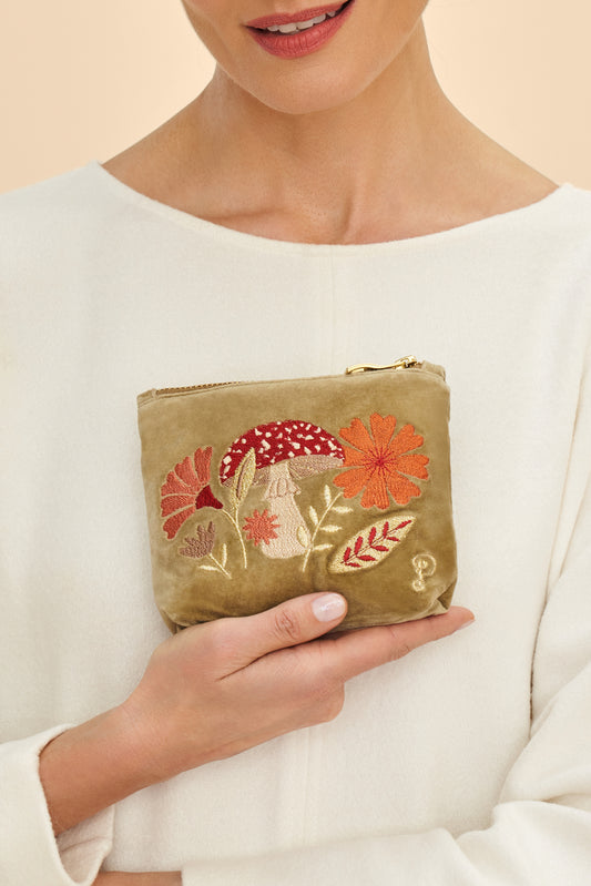 Powder Velvet Embroidered Mini Pouch - Toadstool, Sage