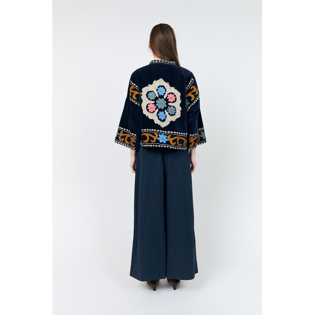 Lollys Laundry Amby dark blue velvet jacket with colourful floral embroidery