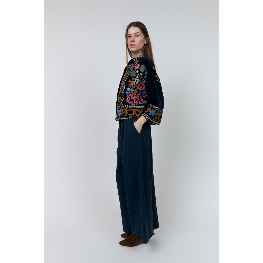 Lollys Laundry Amby dark blue velvet jacket with colourful floral embroidery