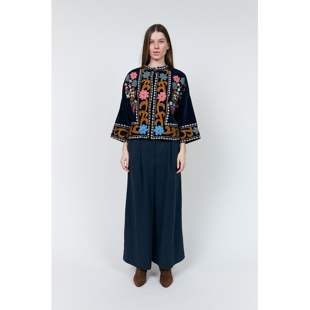 Lollys Laundry Amby dark blue velvet jacket with colourful floral embroidery