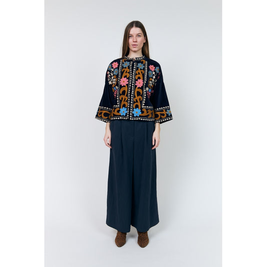 Lollys Laundry Amby dark blue velvet jacket with colourful floral embroidery