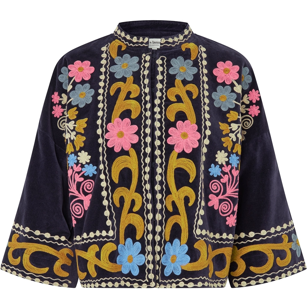 Lollys Laundry Amby dark blue velvet jacket with colourful floral embroidery