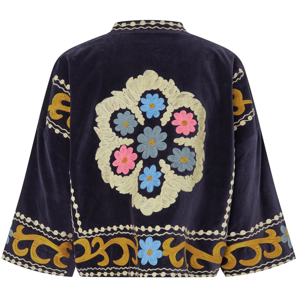 Lollys Laundry Amby dark blue velvet jacket with colourful floral embroidery