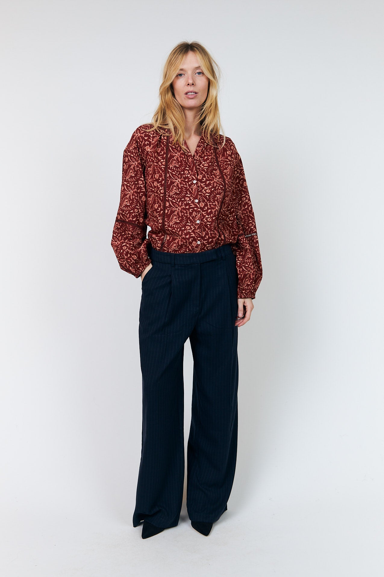Lollys Laundry Vero Shirt in rust with paisley-inspired print and ladder trim detailing
