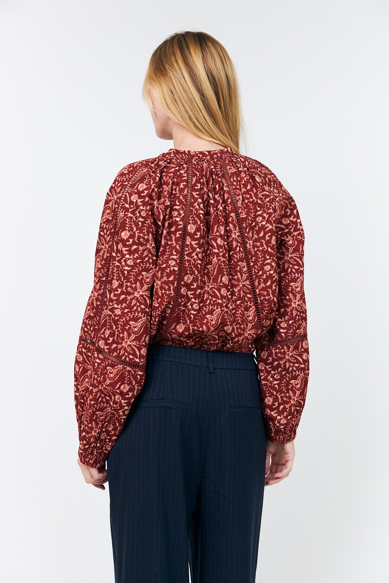 Lollys Laundry Vero Shirt in rust with paisley-inspired print and ladder trim detailing