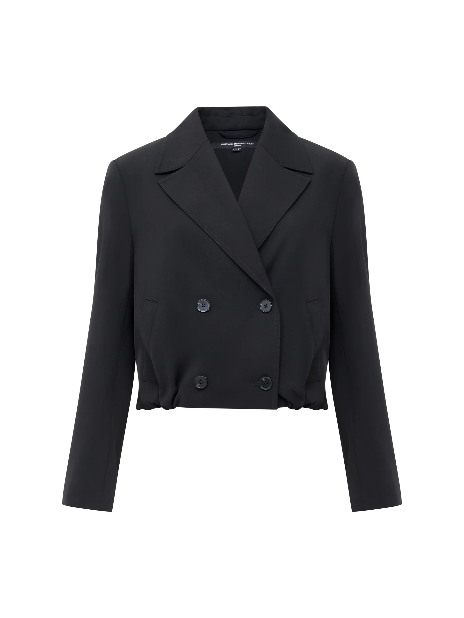 A black cropped suit jacket with collar, 4 double breasted buttons and ruched bottom to jacket.  